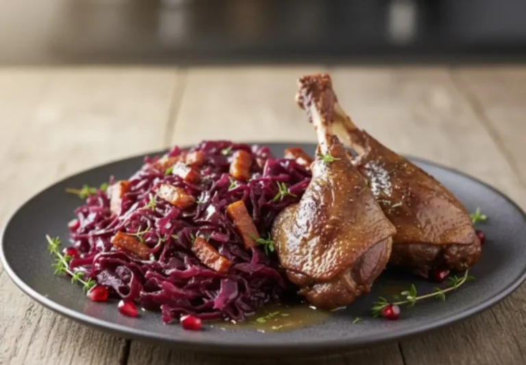 Cuisse de canard mijotée accompagnée de chou rouge, dressée dans une assiette
