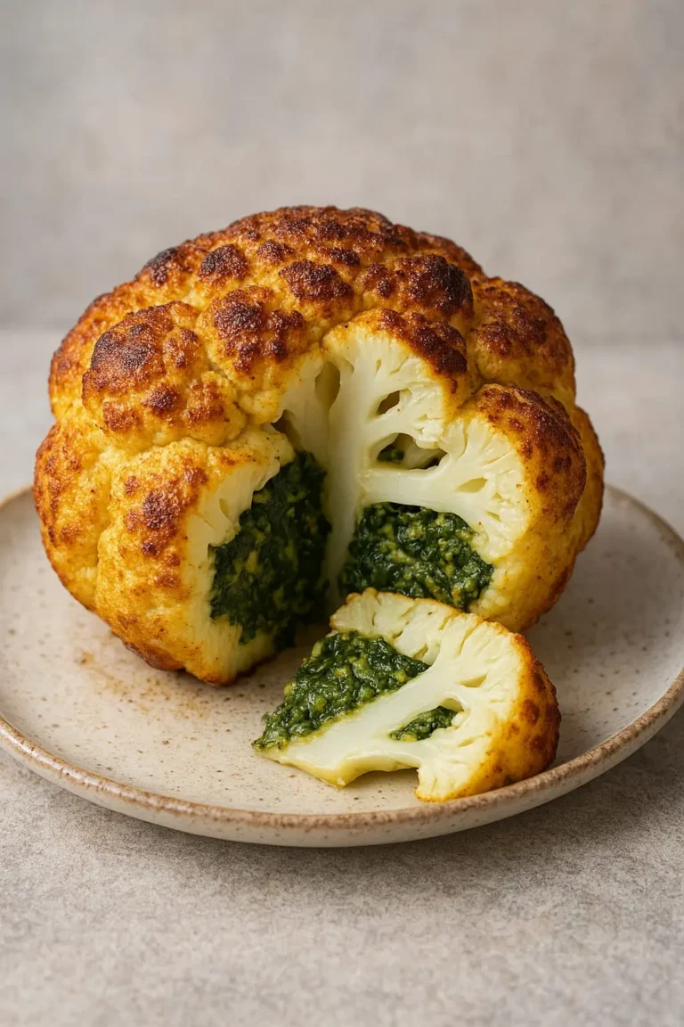 Un légume entier à la surface dorée et rôtie, dont une tranche est découpée pour dévoiler un cœur généreusement garni d'une farce verte onctueuse et dense, déposé sur une assiette en céramique mate.