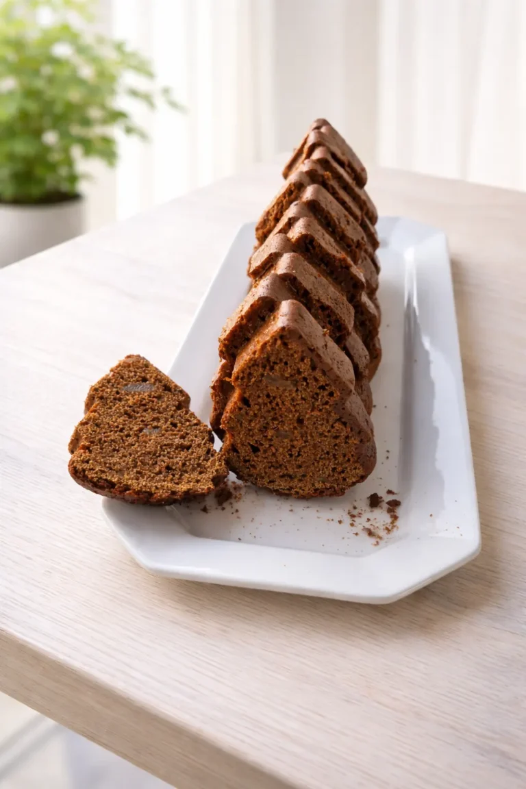 Tranches de gâteau brun alvéolé en forme de sapins stylisés, alignées avec précision sur un plat blanc allongé, révélant une texture moelleuse et une mie généreuse.