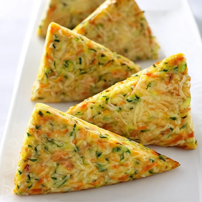 Quatre portions triangulaires de terrine ou cake aux légumes, à la texture moelleuse et aérée, sont présentées sur un plat blanc. La garniture est composée de fins morceaux de légumes verts (courgettes), orange (carottes) et jaune, parsemée d'herbes fraîches bien visibles. L'image suggère une recette express.