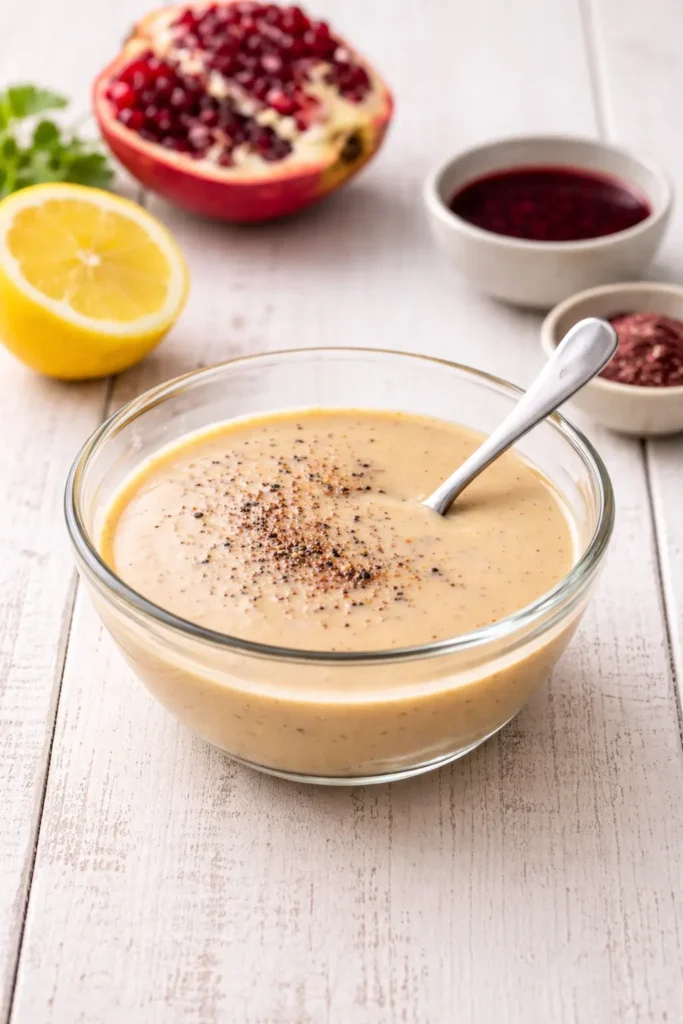Vinaigrette soyeuse orientale au tahini, citron, grenade et sumac