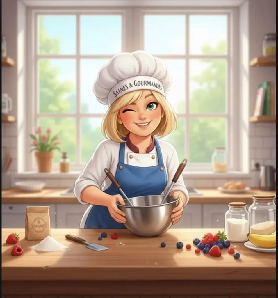 Avatar Saines & Gourmandes : jeune cheffe souriante en cuisine avec toque blanche et tablier bleu préparant une pâte maison dans une ambiance lumineuse et chaleureuse avant une visioconférence culinaire