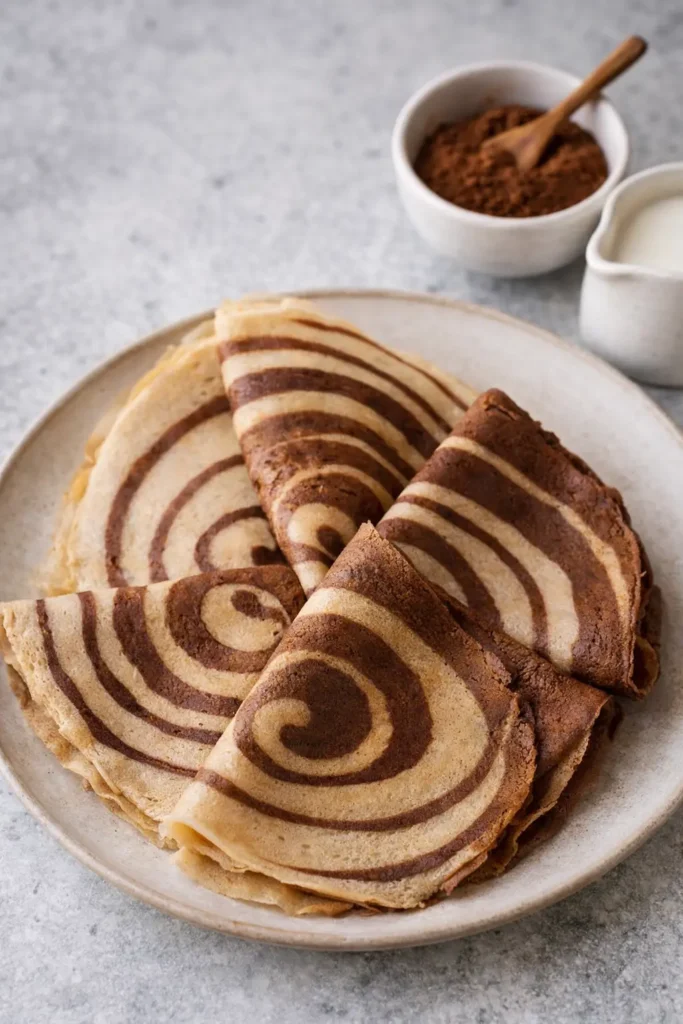 Crêpes bicolores chocolat et nature à la farine d'orge mondée IG 30, illustrant la texture moelleuse et souple obtenue après un repos de 4 heures.
