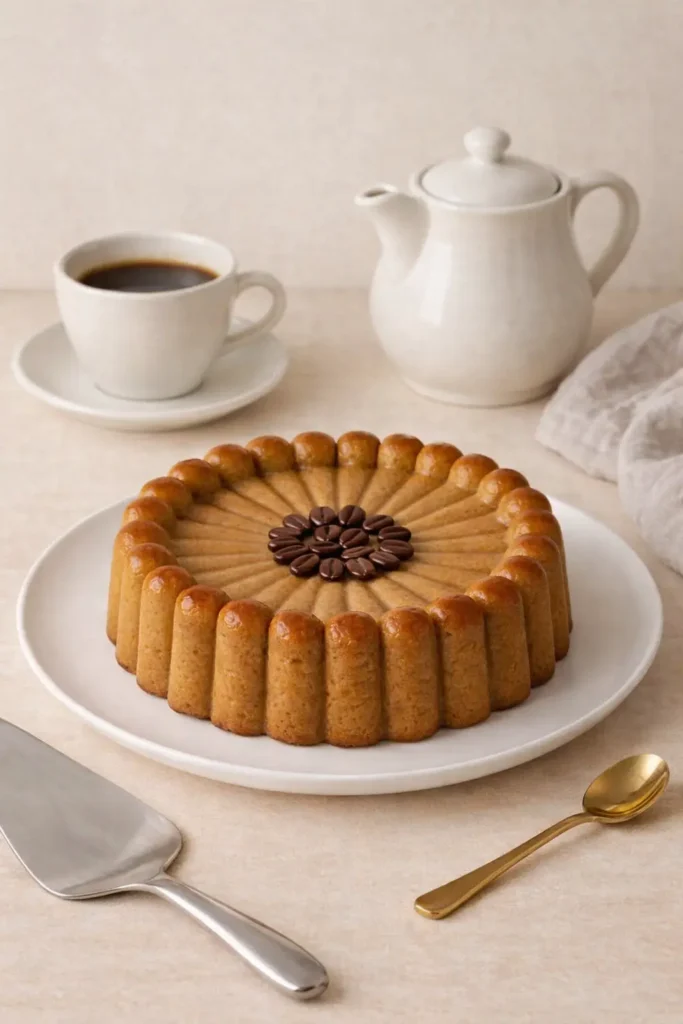 Flan en couronne couleur moka, texture lisse, servi avec une tasse de café sur table élégante