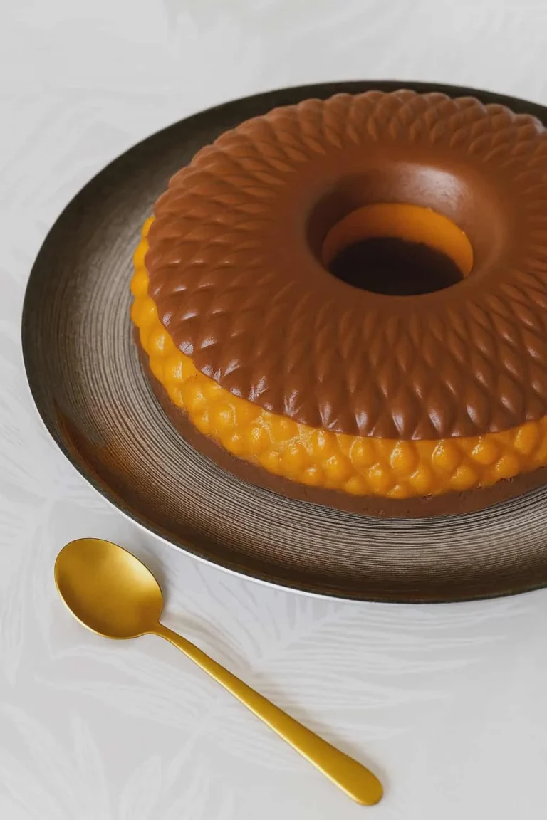 Gâteau moelleux bicolore orange et chocolat démoulé dans un moule décoratif en couronne, servi sur une assiette avec une cuillère dorée