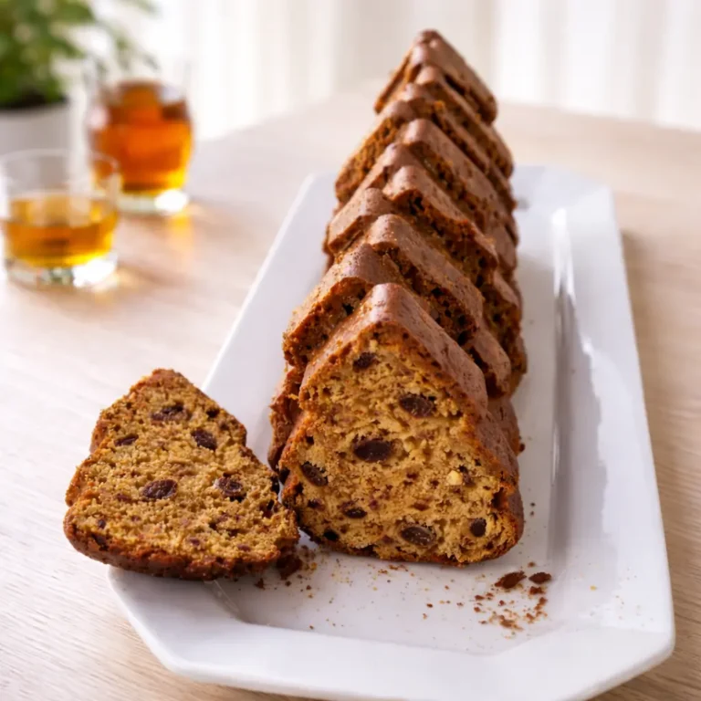 Un Barmbrack irlandais IG bas tranché sur un plat blanc, montrant une mie dense et riche en fruits secs et graines de courge.