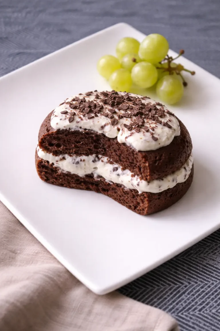 Part de gâteau type bowl cake au chocolat avec crème blanche et copeaux de chocolat, raisins frais à côté