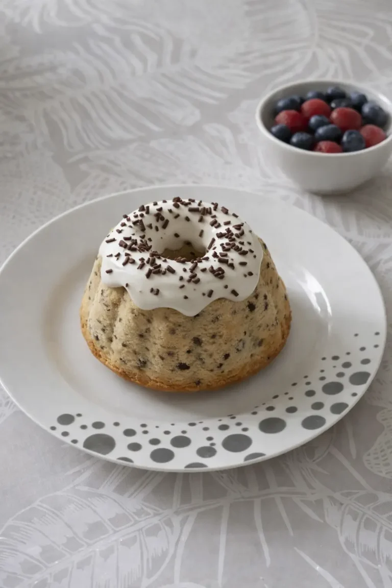Bundtcake maison moelleux nappé de crème et pépites de chocolat, servi sur assiette avec fruits rouges en arrière-plan