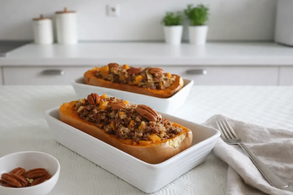 Deux demi-courges butternut farcies et gratinées, servies dans des plats rectangulaires blancs