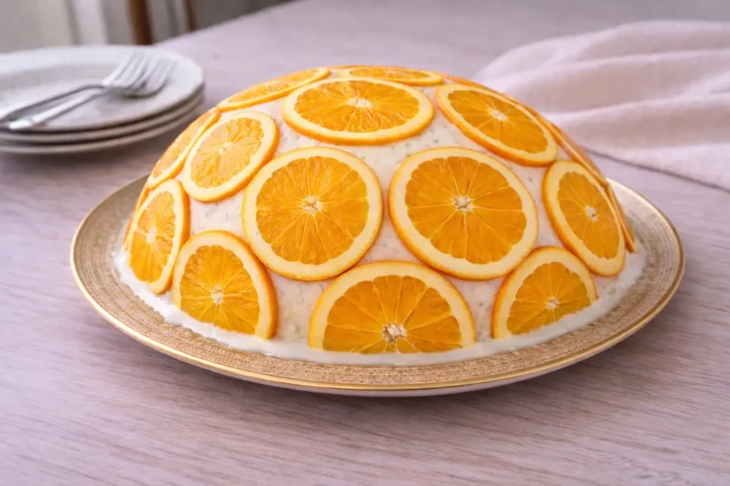 Dôme d’orge mondée au lait et à l’orange décoré de tranches d’orange sur assiette