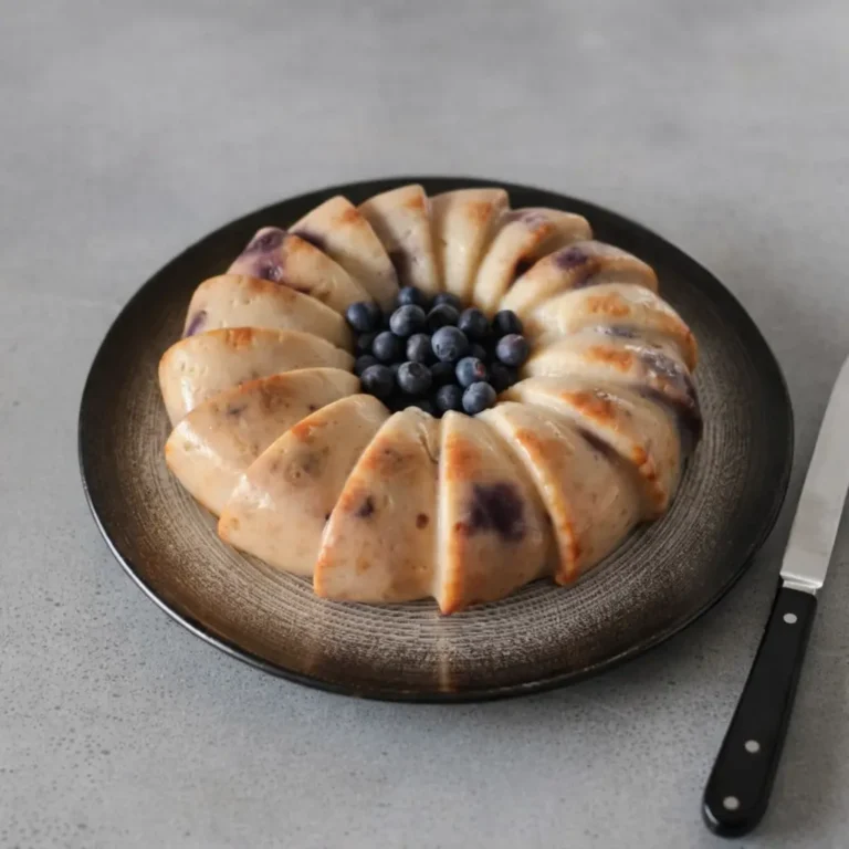 Flan parisien en couronne avec myrtilles au centre, présenté sur une assiette avec couteau à côté