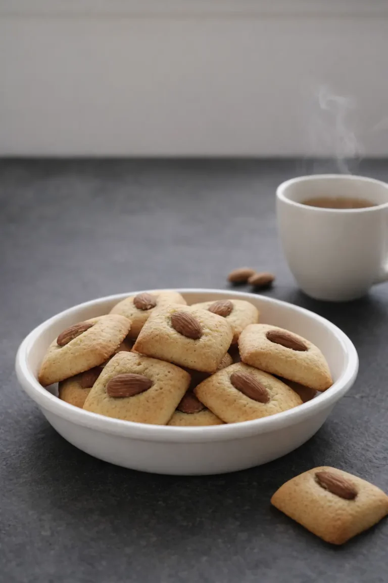 Biscuits guizadas aux amandes disposés dans un bol blanc, texture légèrement tendre avec amande entière au centre, tasse en arrière-plan