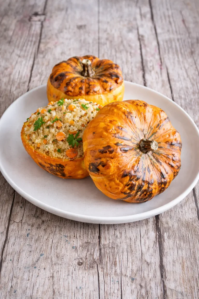 Petites courges Jack Be Little rôties, ouvertes et garnies, servies sur une assiette blanche.
