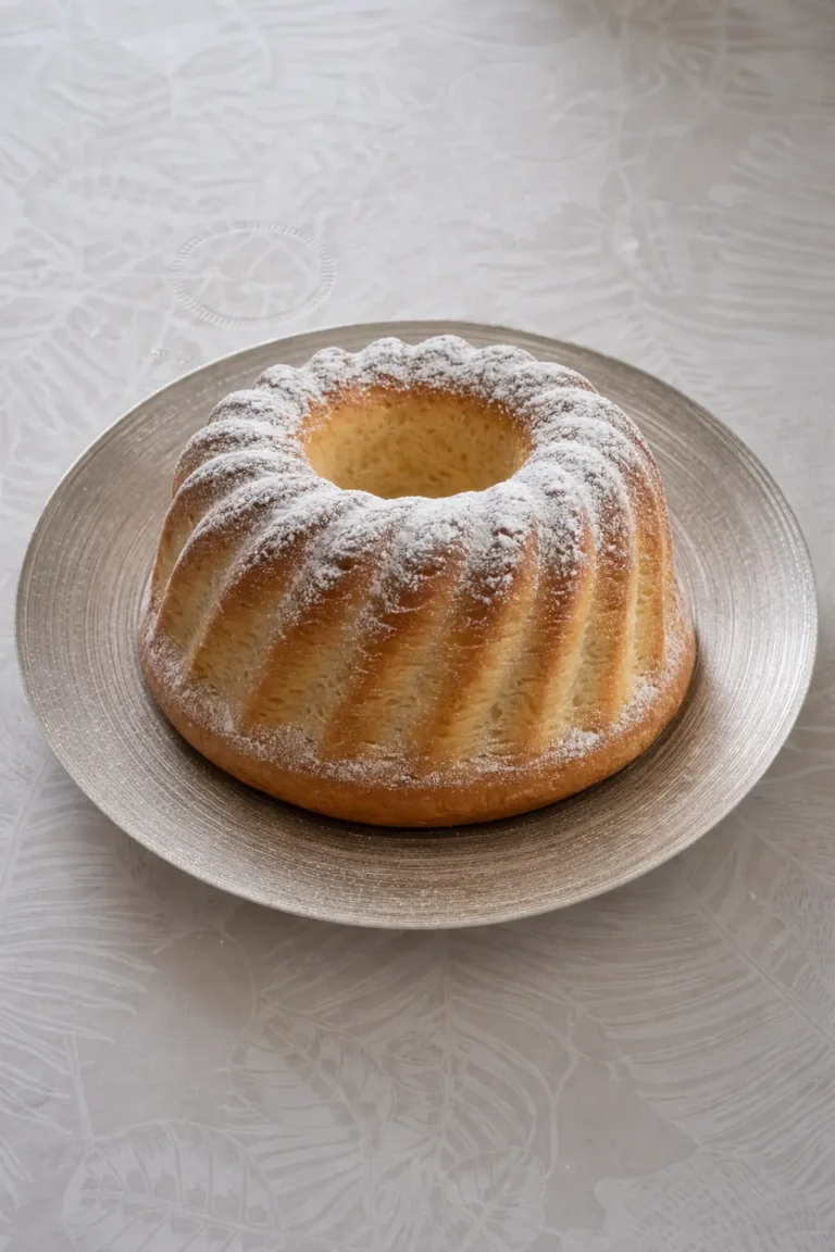 Kouglof doré, forme cannelée, légèrement saupoudré de sucre glace