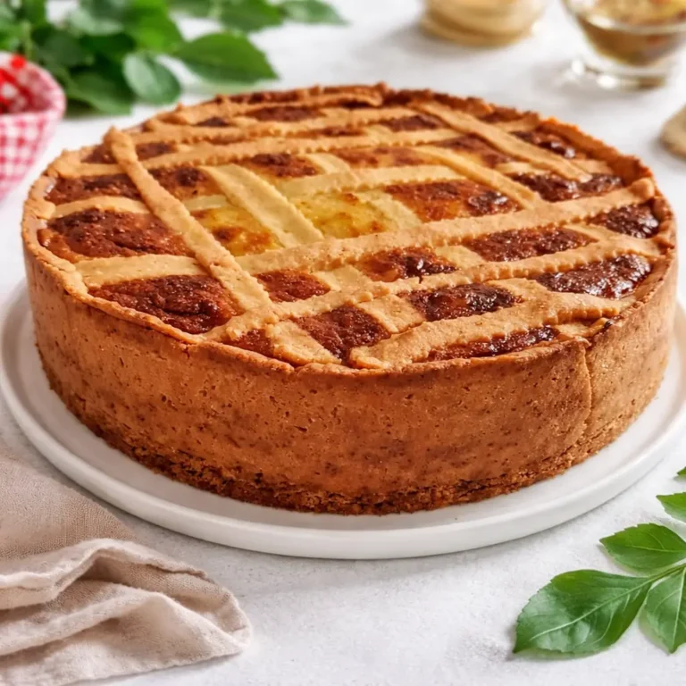 Tarte ronde dorée avec décor en croisillons, présentée sur une assiette avec quelques feuilles vertes