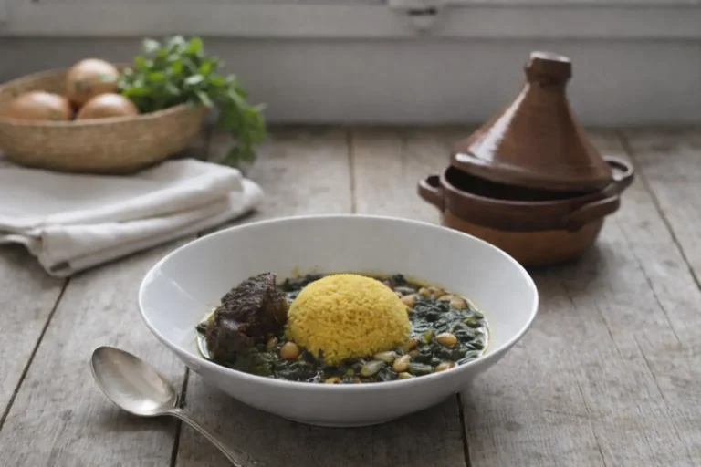 Assiette avec semoule et légumes, accompagnée d’un bol de ragoût et d’un plat en terre cuite posé sur une table.