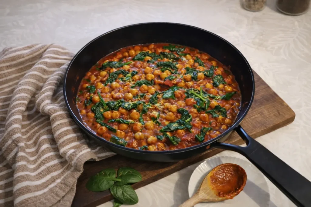 Les légumineuses cuisinées en curry de pois chiches avec sauce épicée et herbes fraîches