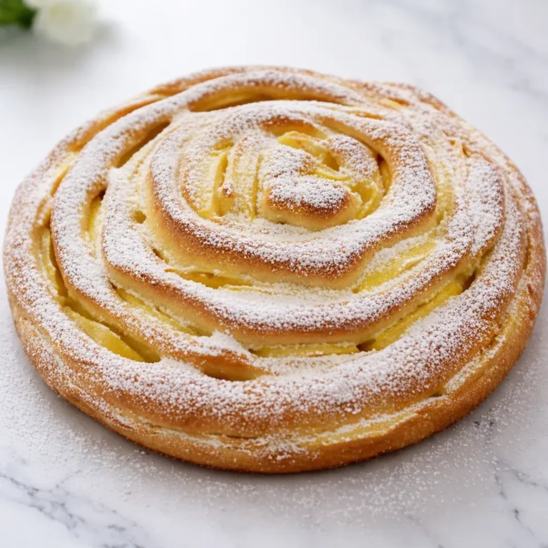 Brioche roulée, texture moelleuse, spirale dorée, parsemée de sucre glace