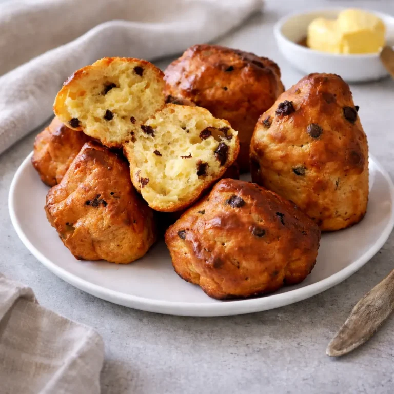 Briochettes dorées aux pépites de chocolat, présentées sur une assiette blanche, avec une briochette ouverte montrant une mie moelleuse