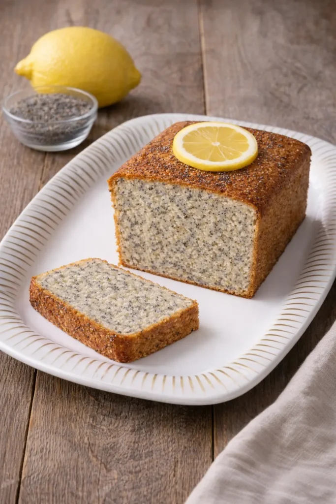 Cake citron pavot tranché, présenté sur une assiette avec un citron et des graines de pavot