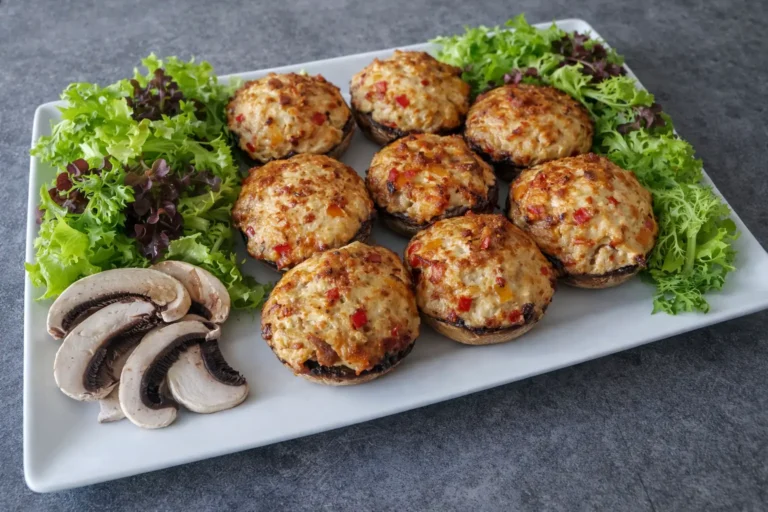 champignons farcis dorés au four avec herbes et fromage, servis sur salade