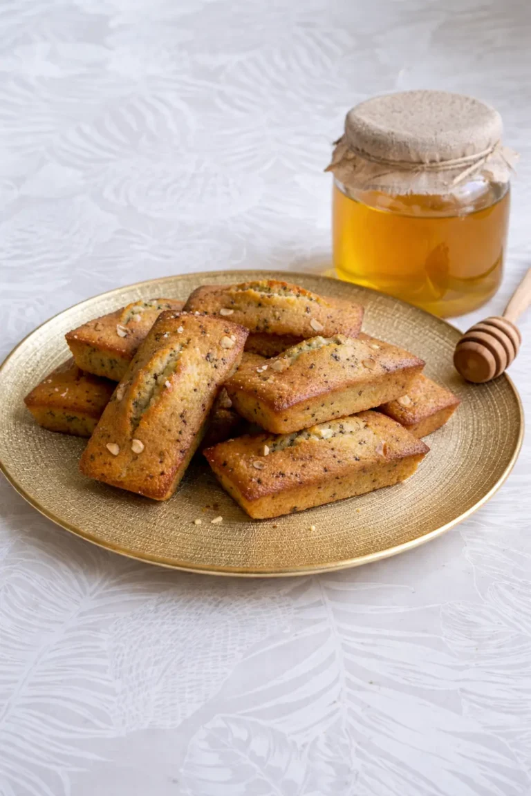 Financiers dorés alignés sur une assiette, avec un petit pot de miel en arrière-plan sur une table claire