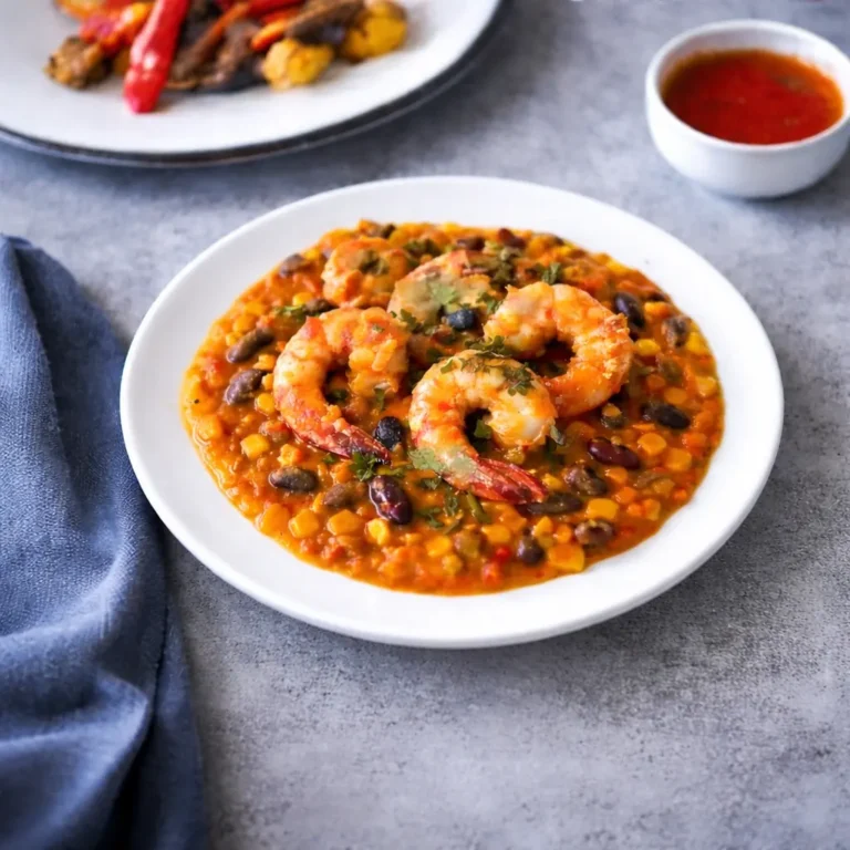 Assiette de ragoût de légumes et légumineuses en sauce rouge, garnie de crevettes, posée sur une table