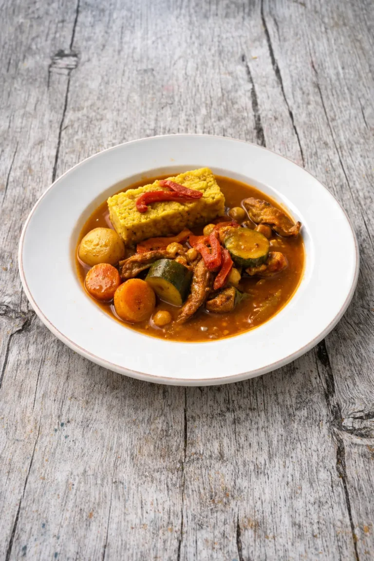 Assiette de couscous revisité avec semoule moulée, poulet mijoté, légumes fondants (carottes, courgettes, pois chiches) et sauce rouge épicée, dressée sur fond bois clair rustique.