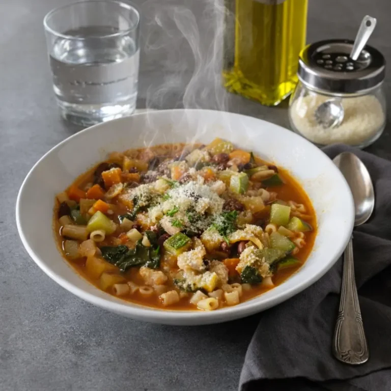 Soupe minestrone italienne fumante dans une assiette creuse, avec légumes variés, petites pâtes et parmesan râpé, sur table avec huile d’olive et eau