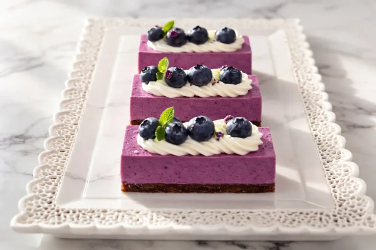 Desserts rectangulaires à la myrtille type bavarois, garnis de crème et de fruits, présentés sur un plateau.