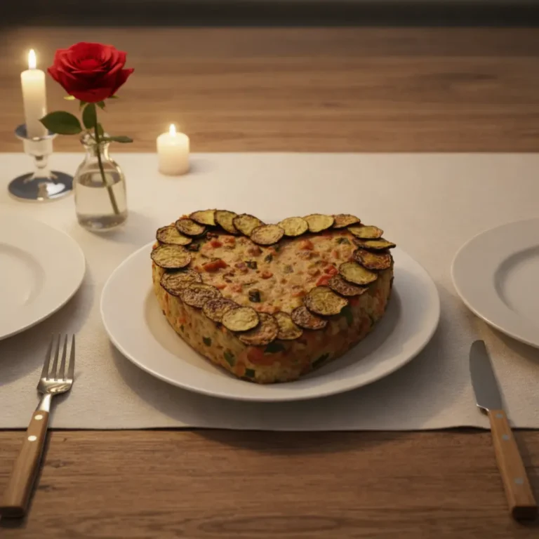 Plat doré aux légumes finement tranchés disposés en rosace, présenté sur une table avec assiettes, bougies et ambiance chaleureuse.