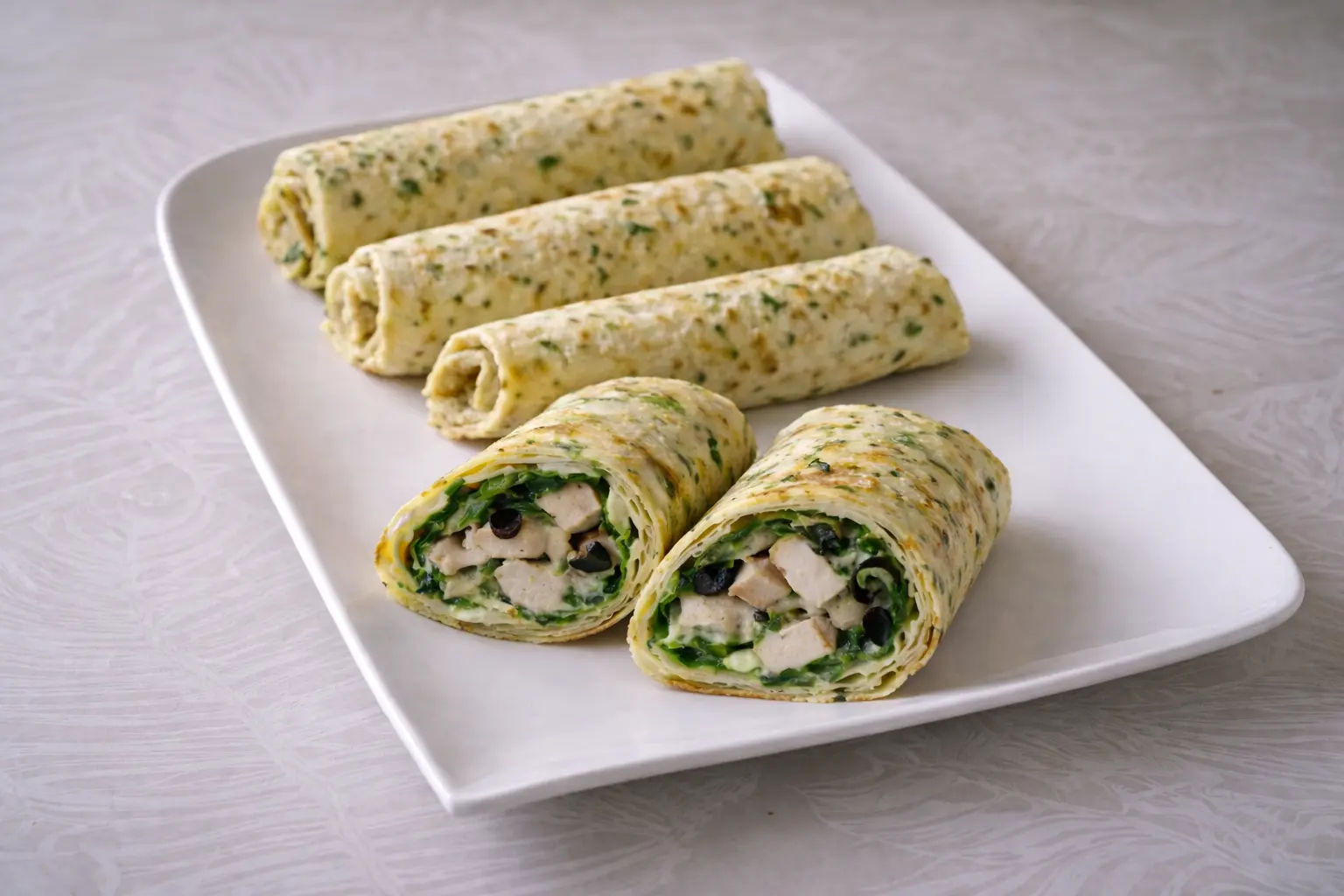 Trois rouleaux de galettes fines aux herbes disposés sur un plat blanc, dont l'un est coupé en deux pour révéler une garniture généreuse de dés de viande blanche, de fromage frais crémeux et de feuilles d'épinards croquantes.