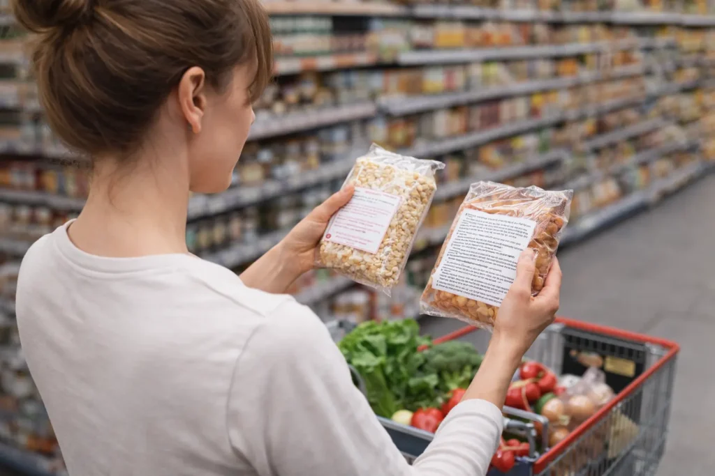 Personne comparant les étiquettes de produits alimentaires en supermarché pour faire un choix éclairé