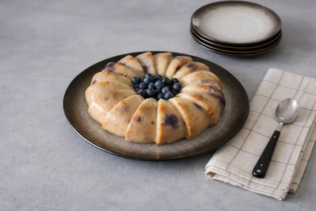 Flan moulé en couronne, coupé en parts, présenté sur une assiette sombre avec des myrtilles au centre, posé sur une table grise avec une cuillère et une serviette à carreaux à côté.