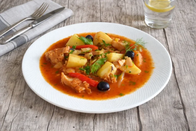 Plat mijoté de poisson en sauce tomate avec pommes de terre et olives