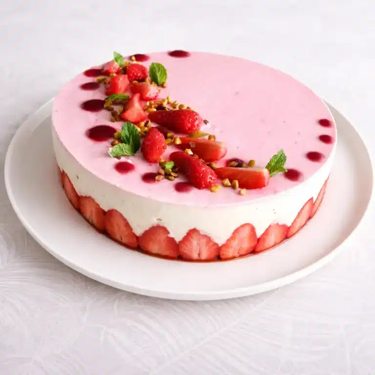 Fraisier maison à la crème vanille, fraises fraîches en couronne, finition lisse et brillante avec nappage léger décoré de fraises et menthe déposé sur une assiette blanche