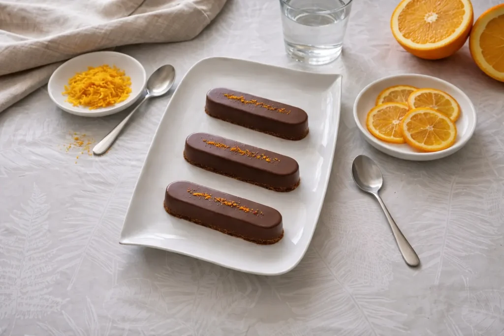 Fudges chocolat orange en bâtonnets posés sur une assiette blanche, texture fondante type mousse, avec tranches d’orange et chocolat en arrière-plan