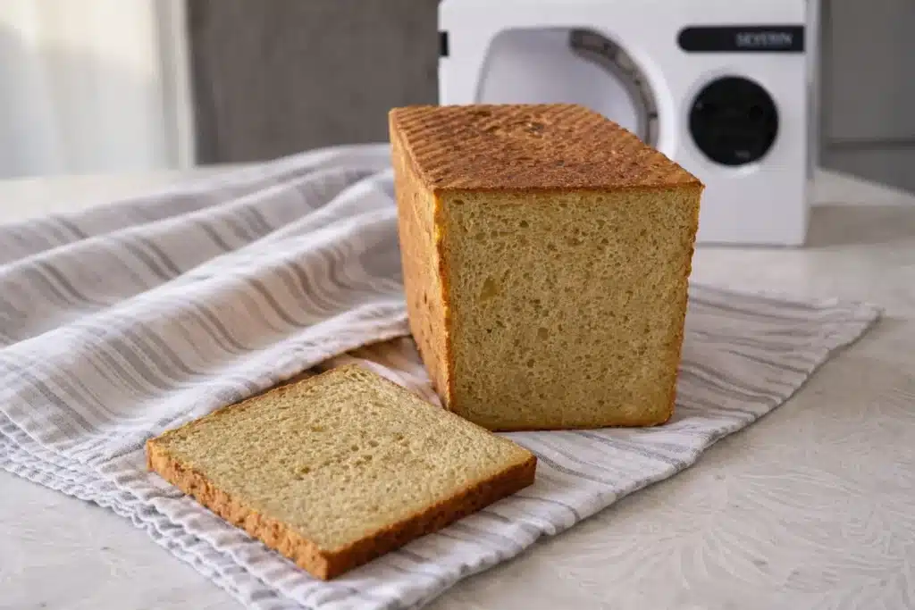 Pain de mie au petit épeautre coupé avec une tranche en avant, mie moelleuse et alvéolée, croûte dorée, posé sur un torchon avec machine à découper le pain en arrière-plan