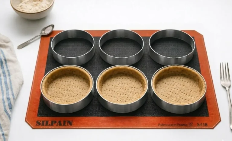 Pâte sucrée rustique foncée dans des moules à tartelettes sur plaque silicone