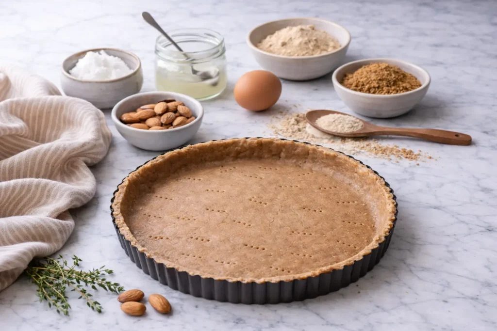 Une pâte sucrée rustique à l'épeautre et à l'amande dans son moule, entourée d'ingrédients bio comme des amandes entières et de la farine.