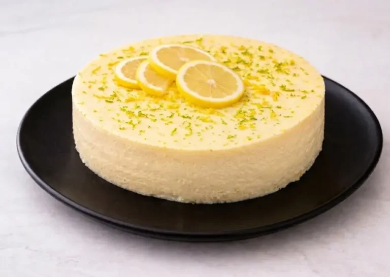 Cheesecake citron entier, texture crémeuse et surface lisse, décor citron en rosace sur assiette noire