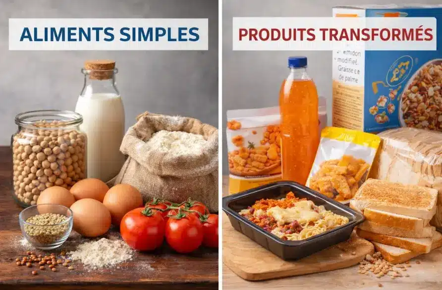 Comparaison aliments simples et produits transformés avec ingrédients naturels et produits industriels