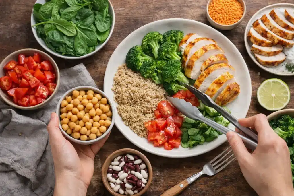 Assiette équilibrée composée de poulet grillé, quinoa, brocoli, pois chiches, tomates et légumes frais