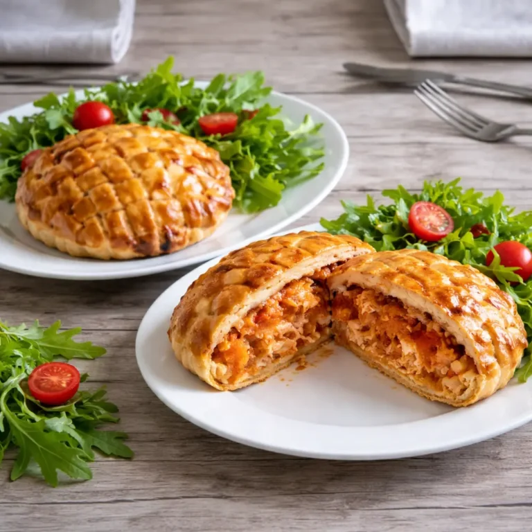 Tourte salée dorée au poulet et légumes, ouverte pour montrer la garniture, servie avec salade