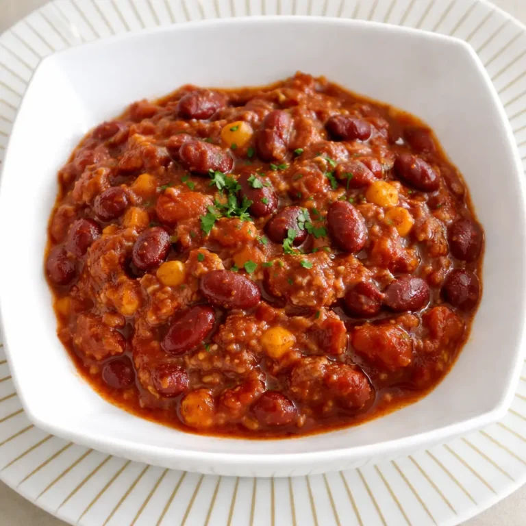 Vue du dessus d’un chili con carne avec haricots rouges et viande, nappé d’une sauce tomate épicée, servi dans une assiette blanche.
