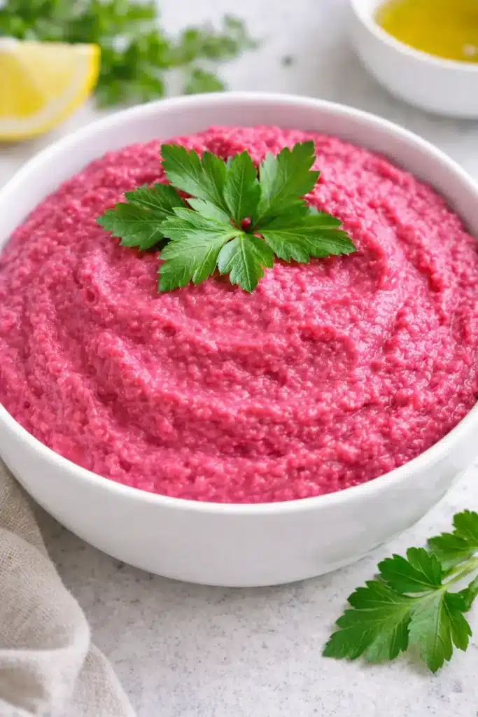 Houmous de betterave maison, texture crémeuse avec persil frais et citron