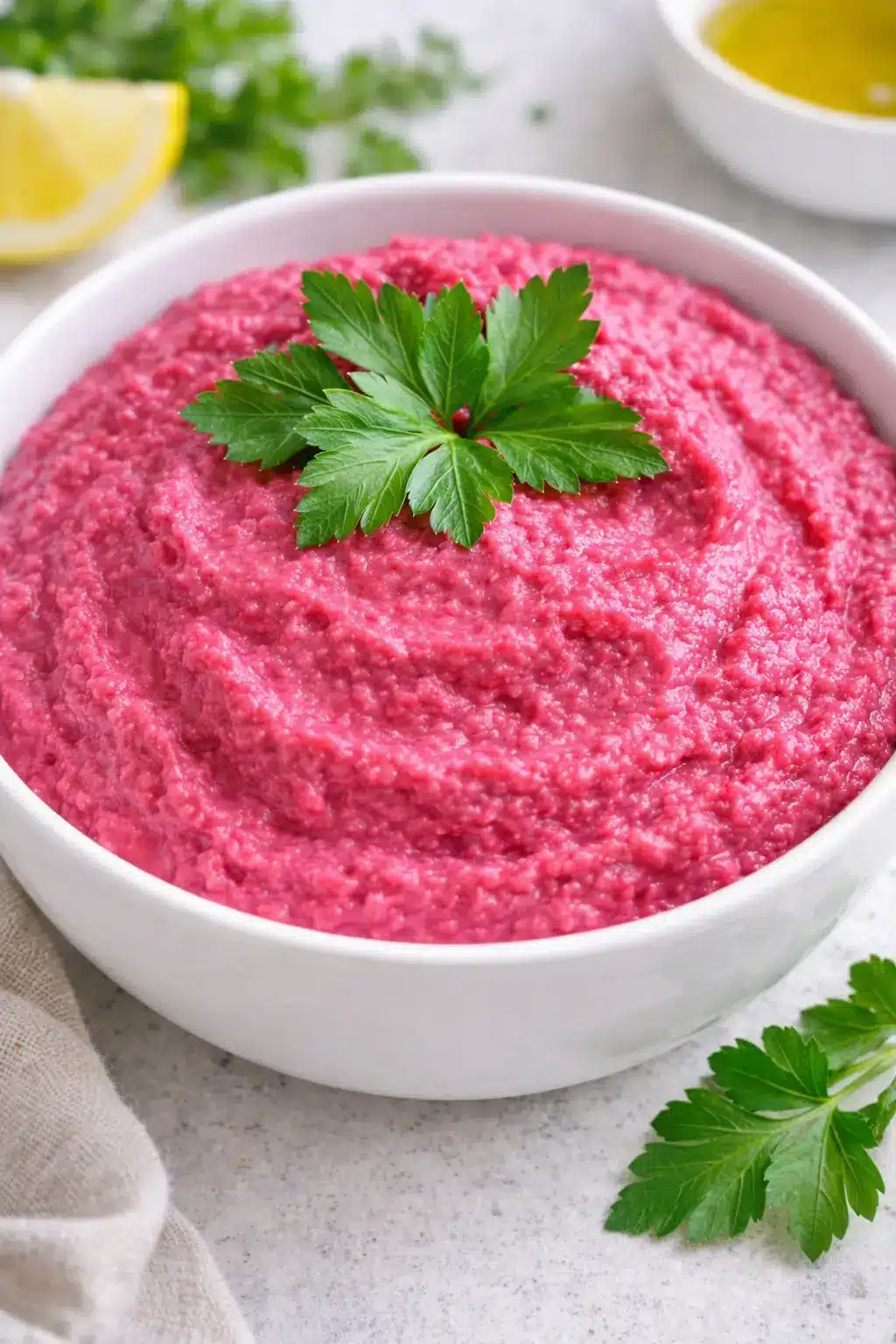 Houmous de betterave maison, texture crémeuse avec persil frais et citron