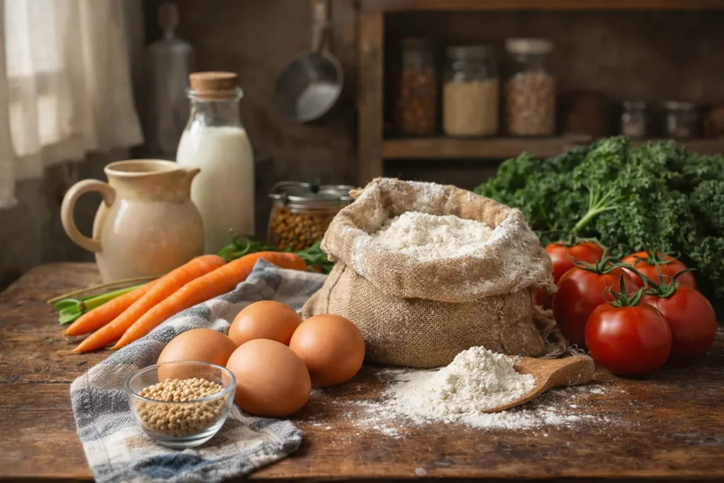 ingrédients simples en cuisine traditionnelle avec produits bruts reconnaissables