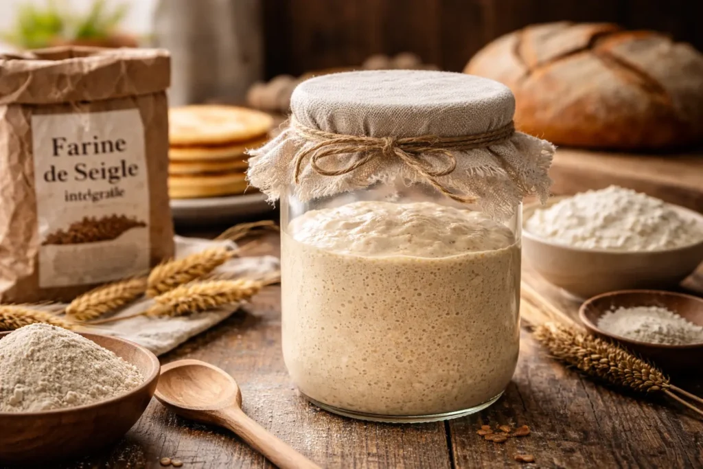 Le levain naturel actif dans un bocal en verre entouré de farine de seigle et de blé sur plan de travail en bois