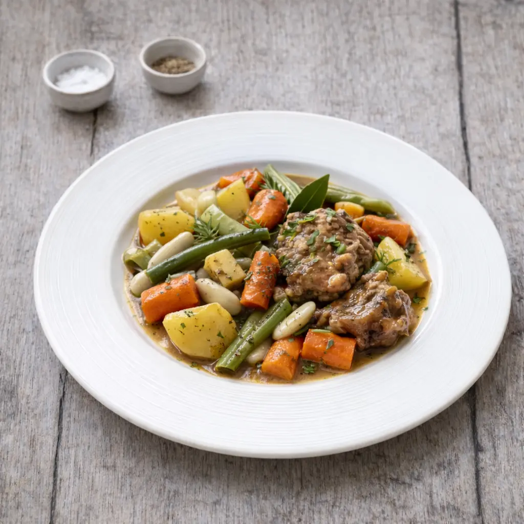 Plat mijoté aux légumes variés, viande et sauce légère dans une assiette creuse